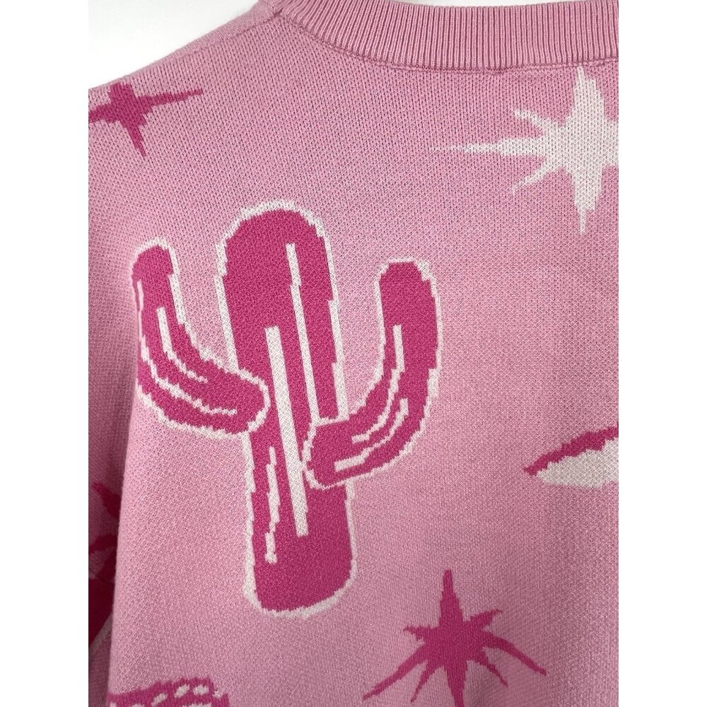 BAEVELY Women's Pink Cowboy Boot Print Crewneck Oversize Crop Sweater Large - Picture 5 of 6